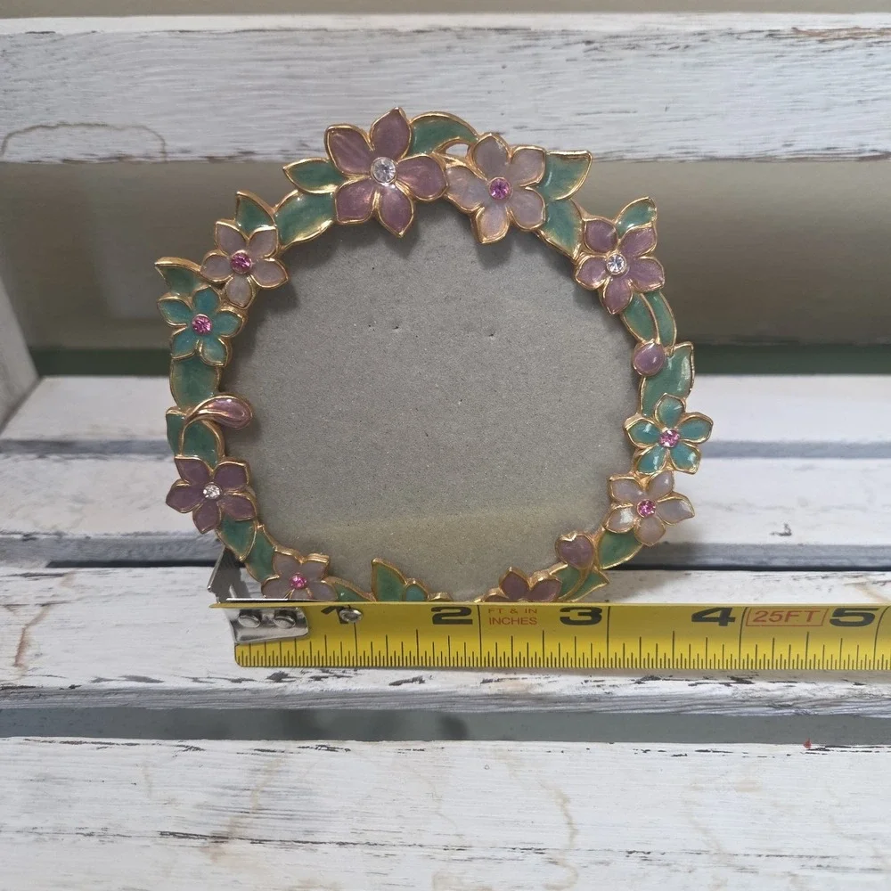 Vtg Carr Metal Purple Green Pink Enamel Jewels Floral Round Picture Frame